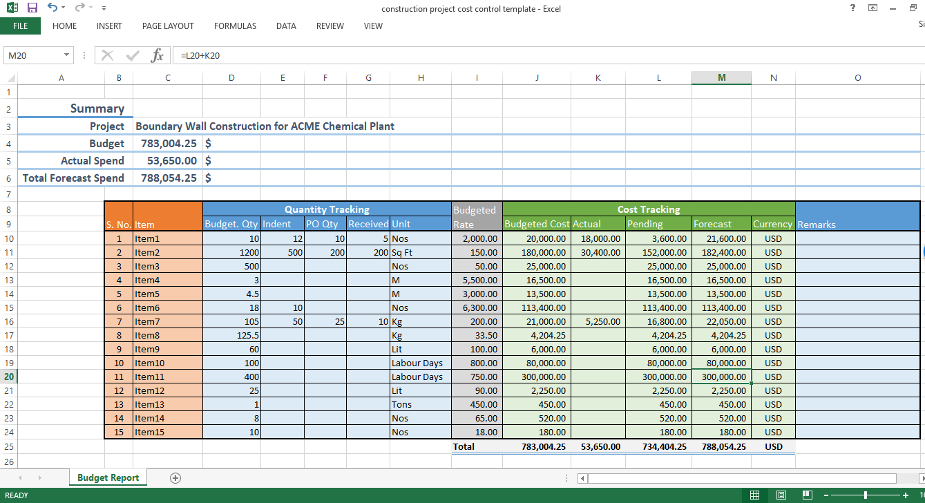 Construction Project Cost Tracking Template Excel